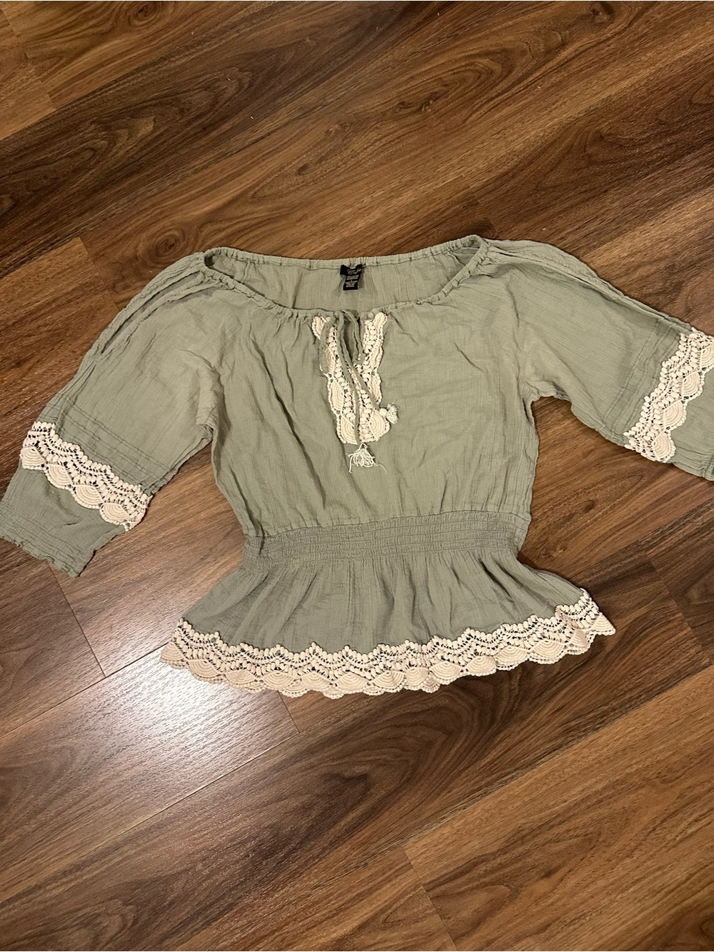 Cupio Sage Green Peasant Tunic with Cream Crochet Trim